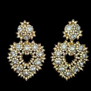 Vintage Thelma Deutsch Signed Large Rhinestone Open Heart Clip Dangle Earrings